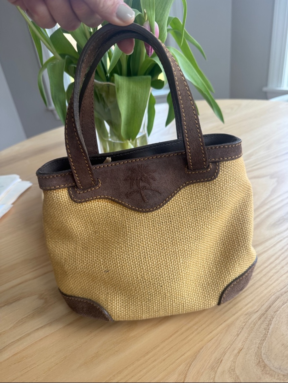 Tommy Bahama Yellow Canvas Mini Tote with Brown Leather Trim